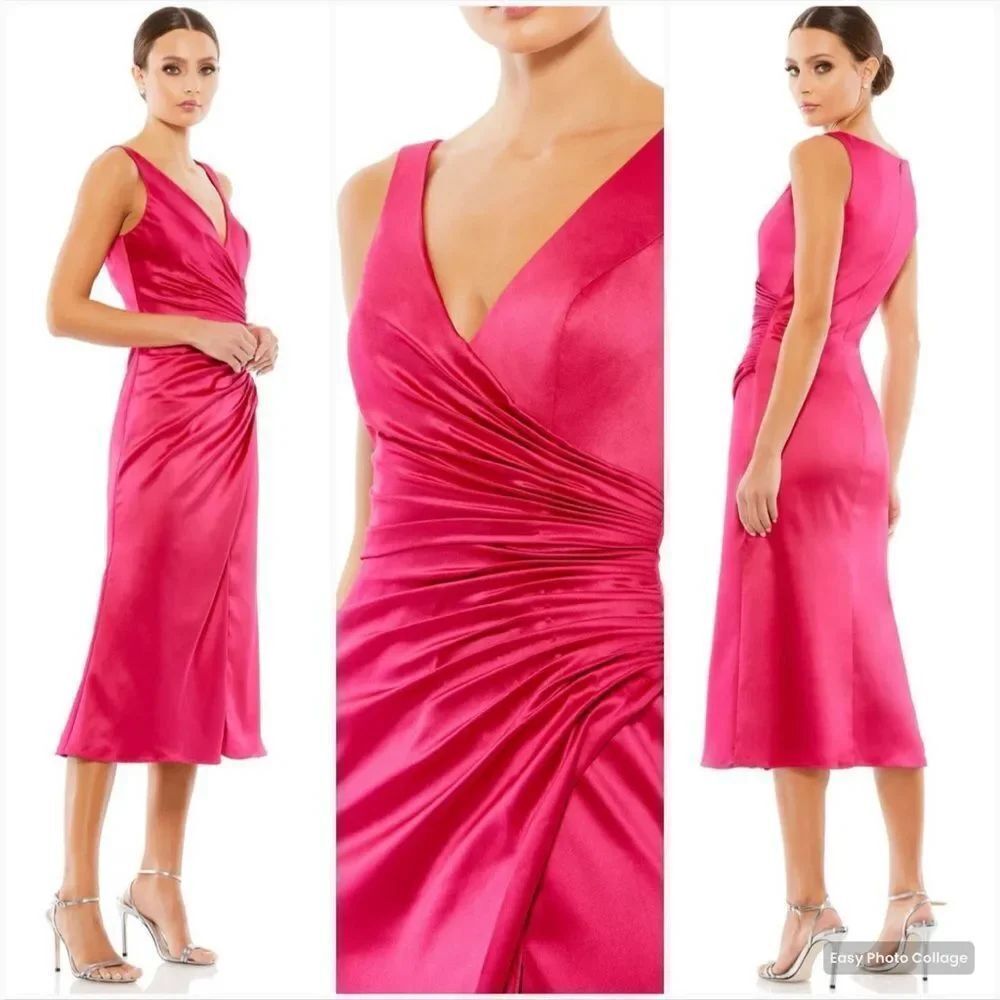 NWT Mac Duggal SATIN RUCHED V-NECK FAUX WRAP MIDI DRESS